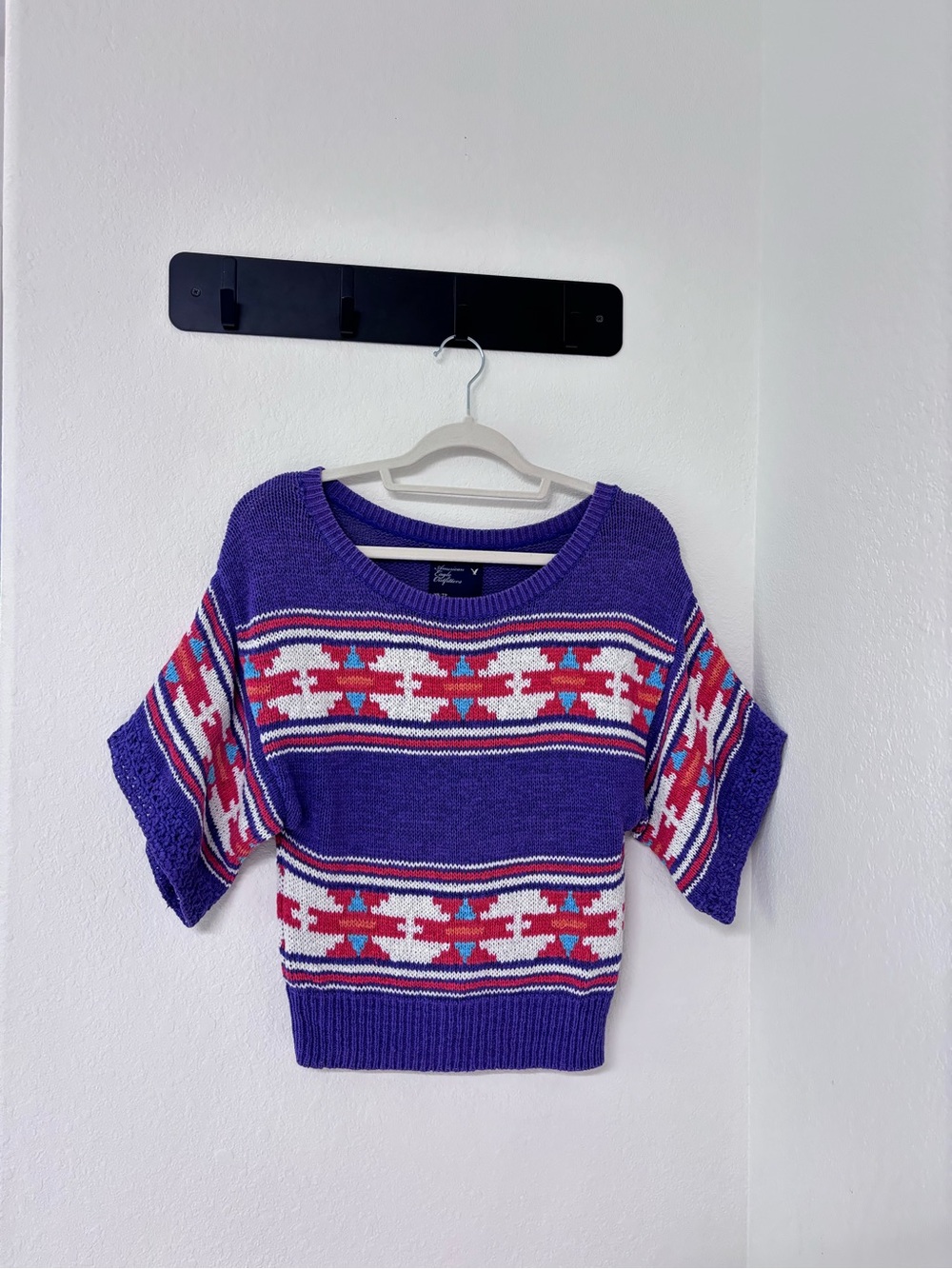 American Eagle Outfitters Purple Short-Sleeve Patterned Sweater